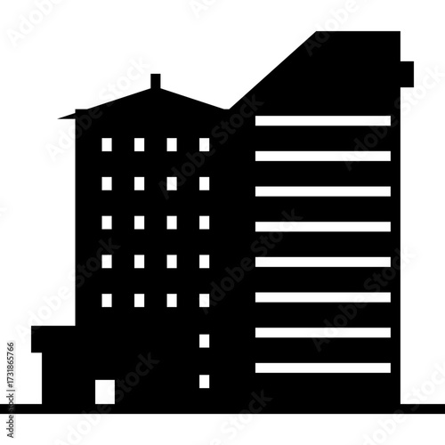 Silhouette of two buildings, one taller than the other, against a white background.
