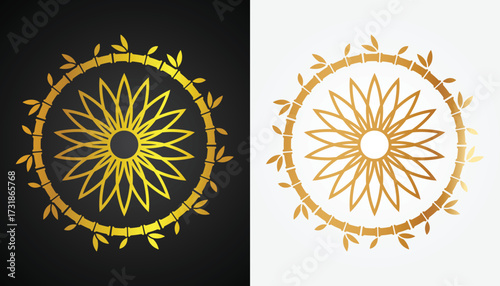 Chinese flower and lotus pattern vector image logo in gold variations with a beautiful white and black background for design purposes and others