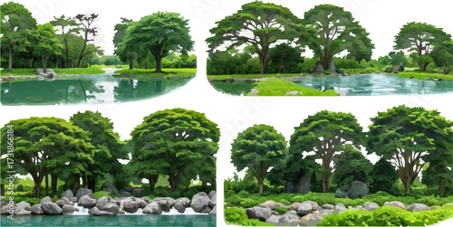 Trees and water landscape with sunlight outdoors background
