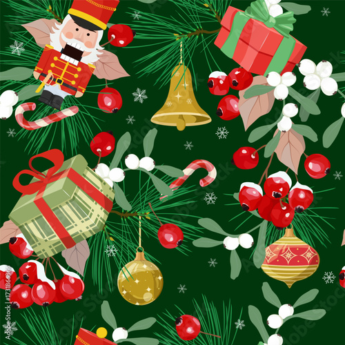 Christmas seamless pattern featuring a fir tree, mistletoe, Christmas balls, gifts and nutcracker. The illustration is suitable for use as a decorative wrapping paper or textile print.