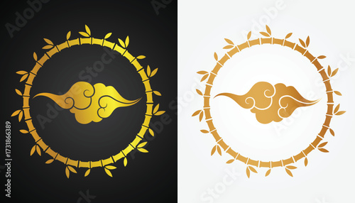 Vector image of Chinese wind motif logo with beautiful and cool gold color variations with cool bamboo circle motif with black and white background for various design and branding purposes
