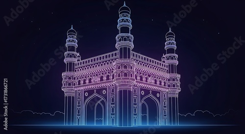 Charminar Neon Outline: Hyderabad Landmark in Electric Blue and Purple Hues