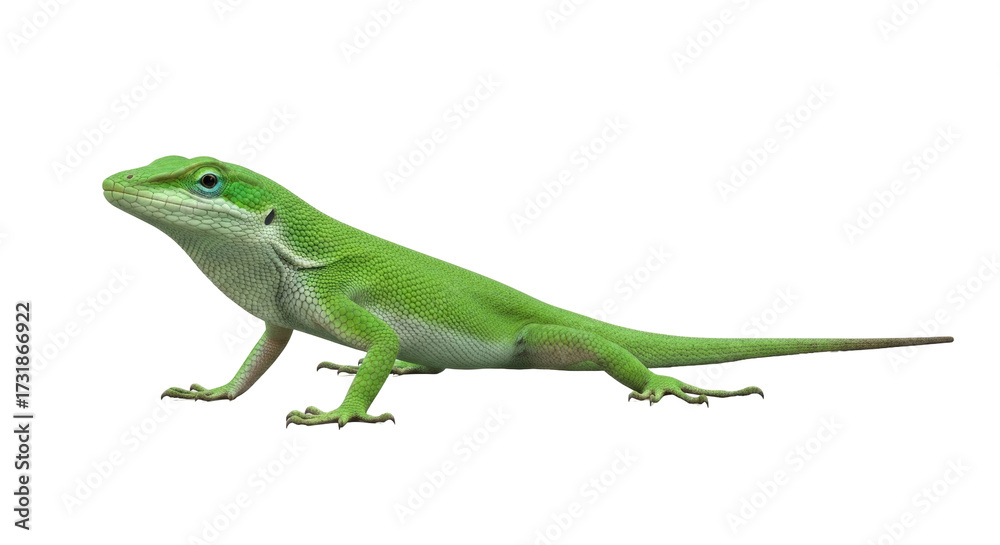 Fototapeta premium Isolated Anolis Lizard, also called American Chameleon, Green Anole, clinging reptile on studio
