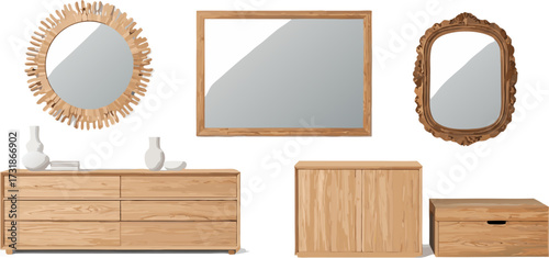 Wooden furniture and mirrors arrangement on white background