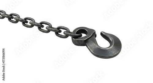 Heavy duty metal chain with a strong forged hook ready for industrial lifting and secure fastening applications