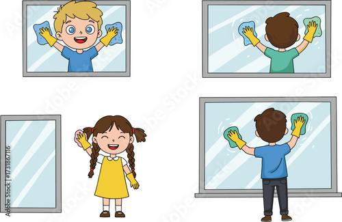 Children cleaning windows illustration, kids doing household chores, responsibility, teamwork