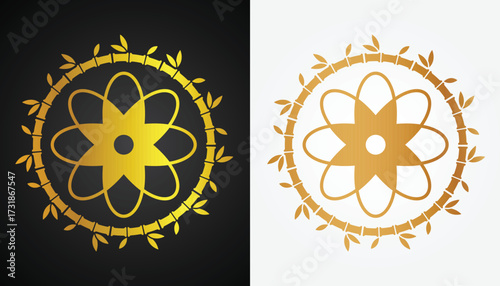 Vector image of a Chinese motif logo with beautiful and cool gold color variations with a cool bamboo circle motif with a black and white background for various design and branding purposes.