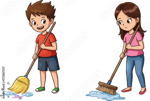 hildren cleaning floor illustration, kids doing household chores, teamwork, responsibility, sweeping water