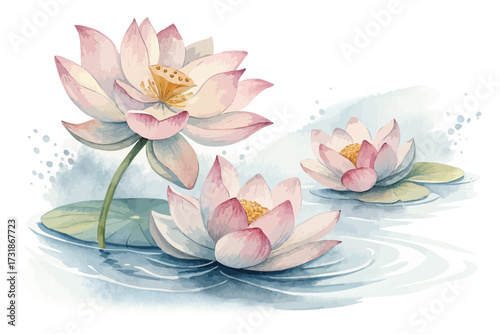 watercolor lotus flowers floating isolated on white background