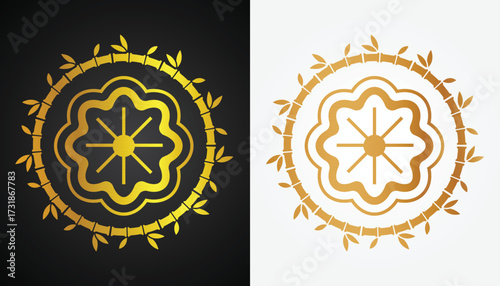 Chinese flower and lotus pattern vector image logo in gold variations with a beautiful white and black background for design purposes and others