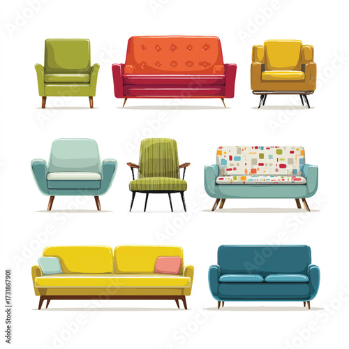 Retro style sofa collection featuring various colors and designs perfect for home decor enthusiasts and interior design projects