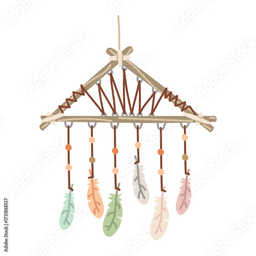Triangular Native American dream catcher in colored flat style. Wooden sticks with rope weaves, beads, colored feathers. Protection from spirits. isolated object. Nomadic lifestyle. American Indians