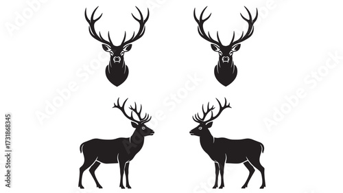 Set of deer silhouettes vector illustration of stag heads and full body isolated on white background