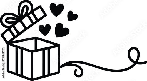Open gift box with hearts floating outward simple line art for romantic occasions and celebrations
