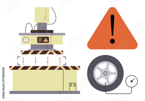 Industrial machinery with warning signals, hazard alert triangle, and a car tire with a pressure gauge hose. Ideal for safety, maintenance, manufacturing, industry, hazard awareness, equipment care