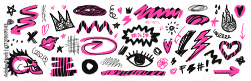 Punk rock doodle scribble with fire and music. Hand drawn marker tattoo texture.