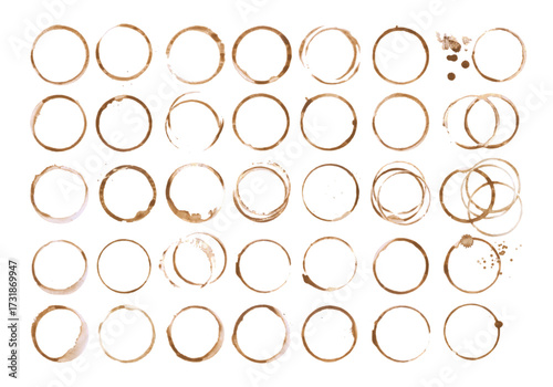 Coffee cup or tea stain drink ring vector illustration set isolated on white background. Coffee stain mark trace ring cup spot trace. Brown round splashes of drink collection.