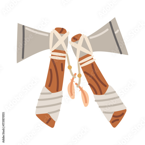 Two Native American tomahawks in a colored flat style. Hunting and military weapons. Sharp axes with individual feather weaves. Hunting. An isolated object. Nomadic lifestyle. American Indians