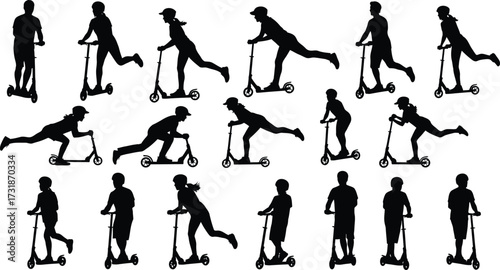 Silhouette of people riding scooters, a collection of scooter riders in various poses and expressions
