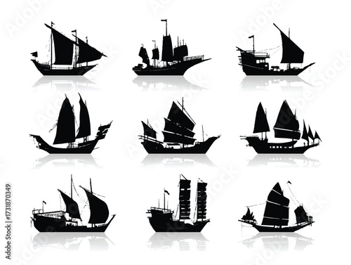 Silhouette of Traditional Junk Boats Sailing Ships Vessels Navigating on a Smooth Surface creating Reflections