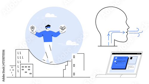 A figure balances ideas and ethics over city buildings, a schematic of voice communication, and a laptop. Ideal for innovation, leadership, communication, technology, design thinking, remote work