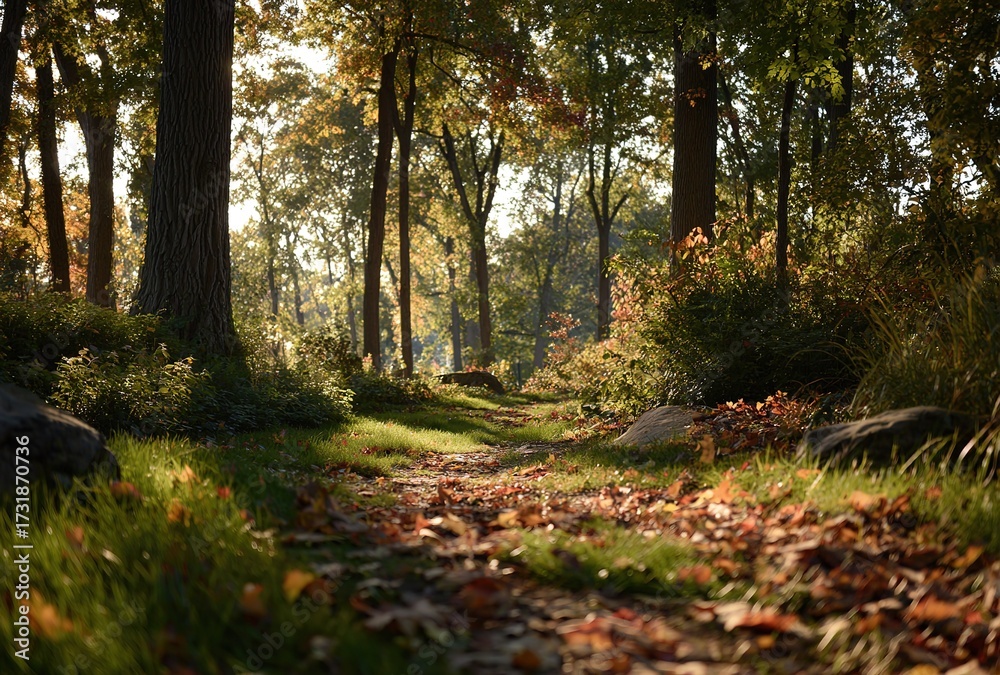 Obraz premium Autumn Forest Path with Sunlight: Natural Landscape Material