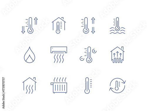 Heating and cooling icon set, temperature control, thermostat, air ventilation, radiator, sun heat, cold snowflake, house climate system, water drop humidity, airflow regulation linear vector.