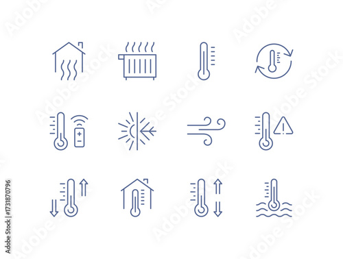 Heating and cooling icon set, temperature control, thermostat, air ventilation, radiator, sun heat, cold snowflake, house climate system, water drop humidity, airflow regulation linear vector.