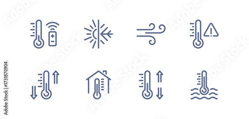 Heating and cooling icon set, temperature control, thermostat, air ventilation, radiator, sun heat, cold snowflake, house climate system, water drop humidity, airflow regulation linear vector.