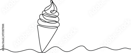 Minimalist continuous line drawing of a soft serve ice cream cone with swirls