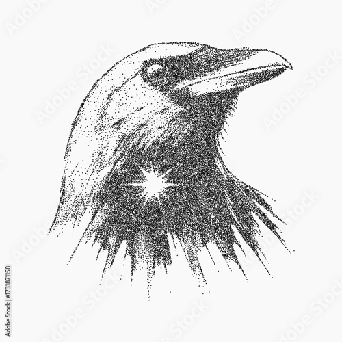 Raven head with star. Grainy abstract shape with smudged ink texture, subtle dust, and scattered grit. Rough paper background with soft threshold transitions.