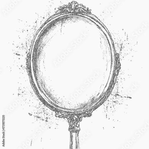 Framed mirror with rough ink border, halftone grain and dusty speckled texture. Scattered paper noise and worn threshold give it an aged grunge aesthetic.