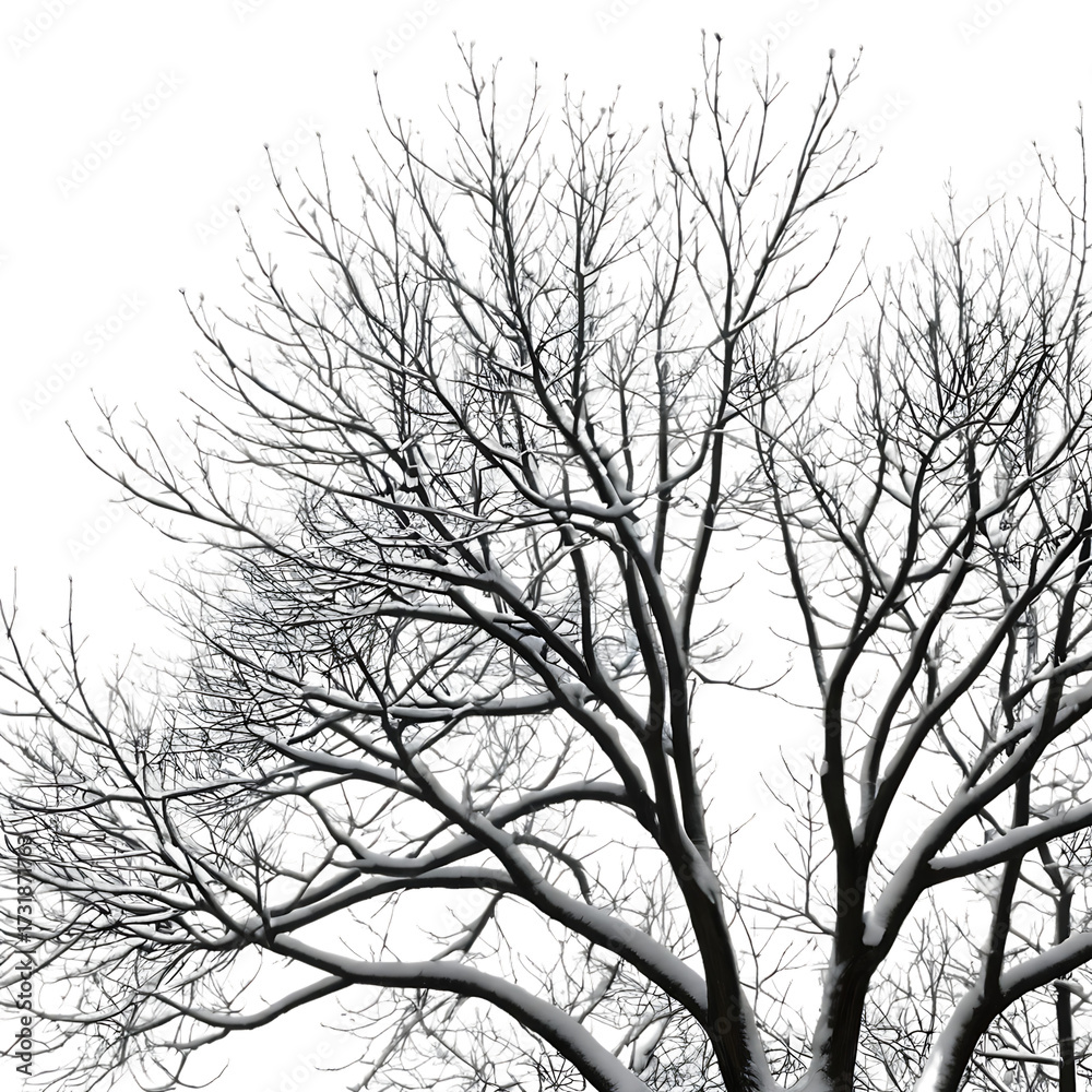 Obraz premium Bare Winter Tree Branches with Snow – Minimal Silhouette PNG, Transparent Background