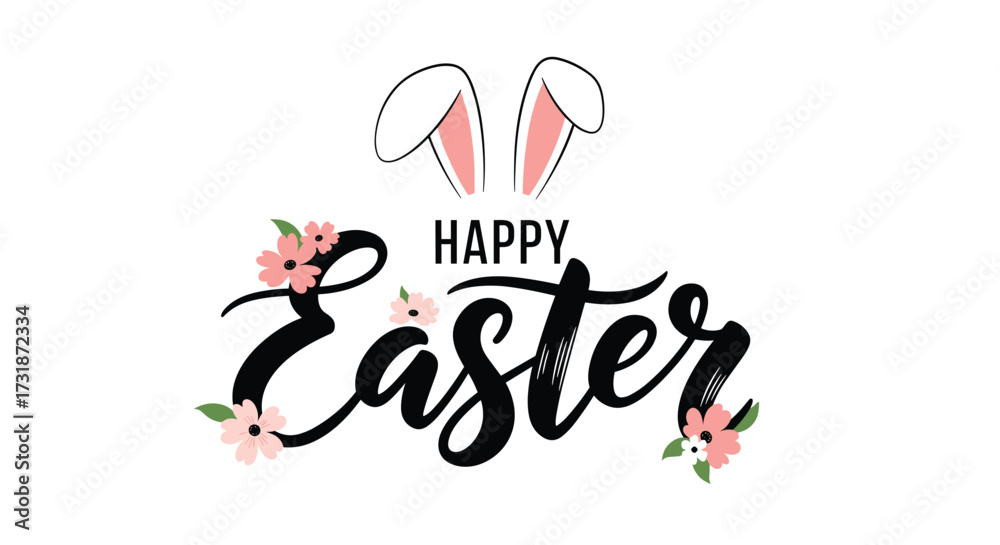 Fototapeta premium Happy easter bunny ears with flowers greeting.
