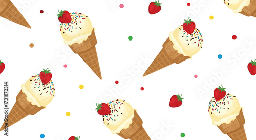 A delightful seamless pattern featuring vanilla ice cream cones with fresh strawberries and colorful confetti dots.
