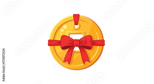 A festive gold coin adorned with a vibrant red ribbon and bow, symbolizing good fortune and celebration.