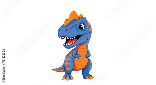 A cute cartoon baby t rex dinosaur with blue and orange scales and a spiky crest on its head standing and roaring.