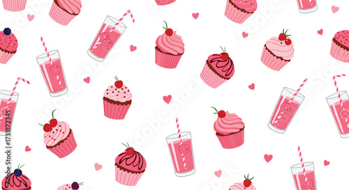 A delightful pattern featuring sweet pink cupcakes and refreshing strawberry milkshakes.