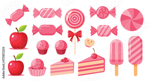 A vibrant collection of pink pixel art sweets and fruits perfect for digital art and design projects.