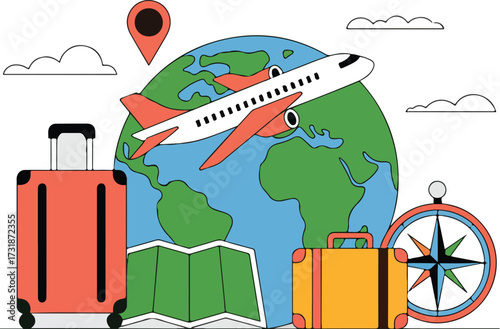 Travel scene with airplane globe suitcase map compass and location marker
