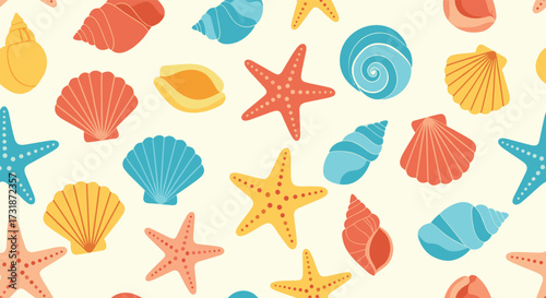 A charming collection of colorful seashells and starfish scattered across a light background.