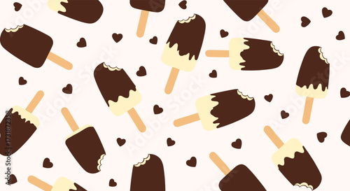 A delightful pattern of chocolate-covered ice cream bars with heart shapes scattered across a cream background.