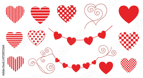 Collection of red and white patterned hearts and heart garlands for romantic occasions.