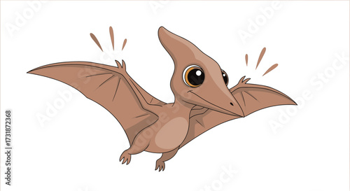 A cute baby pterodactyl with big eyes and spread wings flying in the air.
