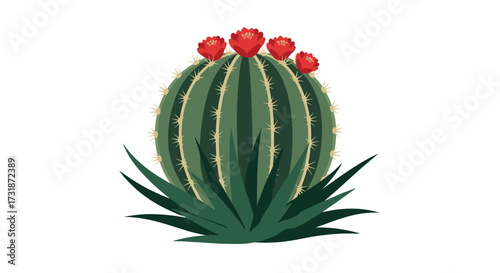 A round green cactus with bright red flowers blooming on top surrounded by lush green leaves.