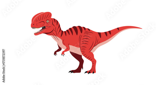 A vibrant red theropod dinosaur with a distinctive crest stands on a white background. Its body is a bright shade of crimson with bold black stripes adorning its back and tail.