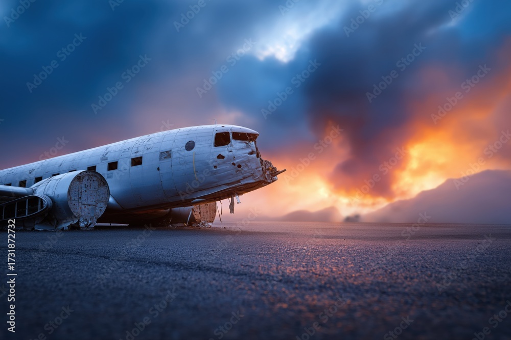 Obraz premium Abandoned plane wreck on rocky terrain at sunset with dramatic smoky sky