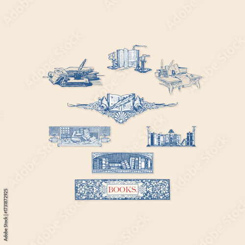Books ornamental frame decorative icon lines retro logo vintage illustration separators elements