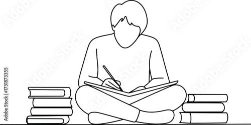Person sitting cross-legged reading books line drawing simple sketch learning education knowledge
