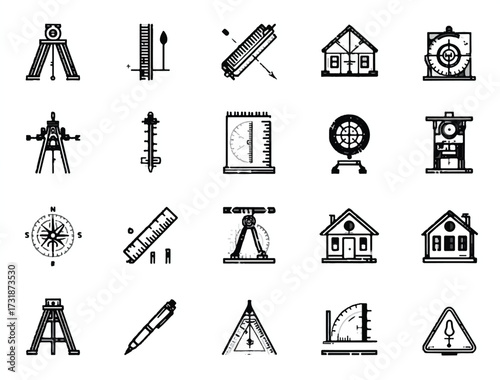 Surveying and Architecture Equipment Icons Set Black and White Engineering Design and Precision Instruments Illustration